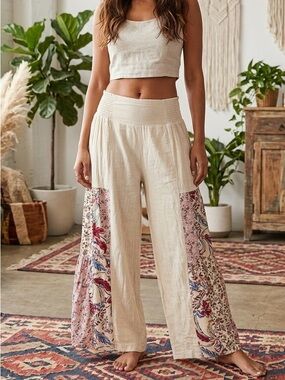 NWT Young Threads Boho Mixed Print Patchwork Wide Leg Pants 100% Cotton Size M